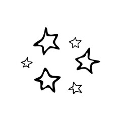 Set of stars of different sizes and shape. Black and white vector illustration in doodle style