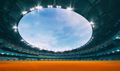 Stadium and orange artificial surface background as athletic running track. Sport building as digital 3D background advertisement backdrop illustration. © LeArchitecto