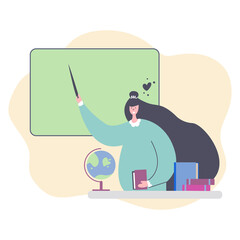 Teacher woman stands with a pointer in her hand at the blackboard, at a table with globe and textbooks. Back to school, favorite work concept. Teachers day, education, studying, lesson. Flat design.