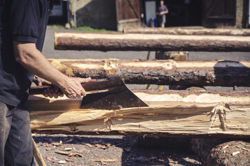 traditional craft and ax, carpenter wood beams, truss