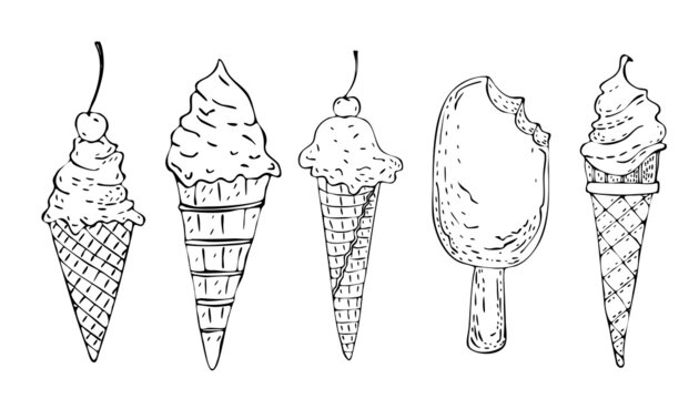 Set of vector Doodle images of ice cream. Eskimo in a waffle cone. Design elements.
