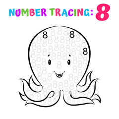 Number Tracing Worksheet. Coloring Book Page. Math Game. Writing Skills Educational Exercise.
