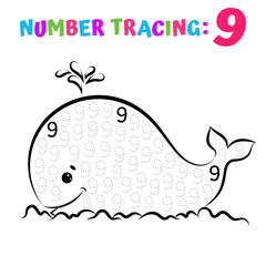 Number Tracing Worksheet. Coloring Book Page. Math Game. Writing Skills Educational Exercise.