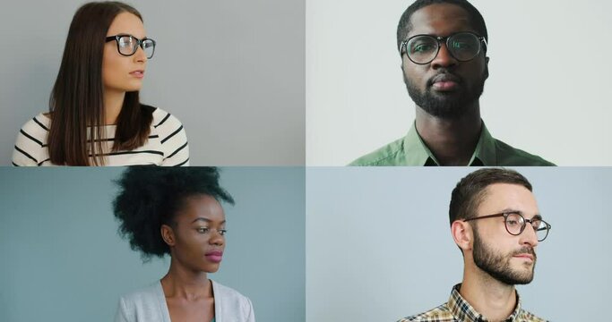 Collage of happy multiethnic males and females on blue background in studio. Multiscreen on diverse young people looking away and smiling to camera. Handsome man in glasses indoor. Portrait concept