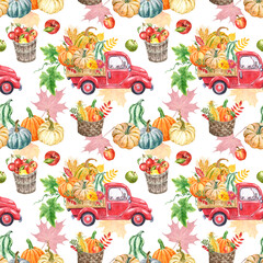 Watercolor autumn harvest truck seamless pattern. Vintage red car with orange pumpkins, wheat, corn, apples, flowers and leaves, isolated on white background. Colourful fall seasonal vegetables print.