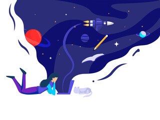 Woman lying in front of a laptop accompanied by a pet cat. millions of inspiration in outer space. vector illustration.
