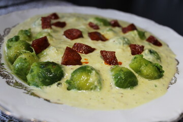 rich creamy potage of brussels sprouts and bacon