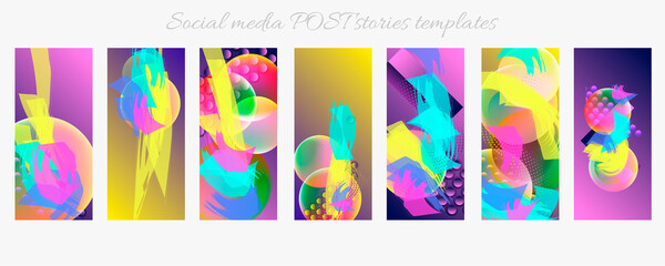 Bright colored with hand drawn Social media story templates scribbles Easter holiday textures. Vector abstract flat illustration for the holiday, lights, elephant