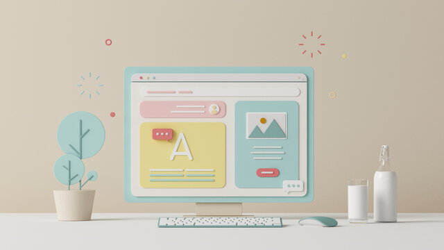Cartoon workplace for work from home or office. Creative work concept background. Web banner, start site page, infographics,advertising promotion concept. Pastel 3d illustration. Neumorphism.