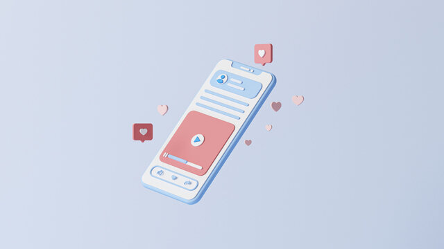 Concept for mobile, smart phone with heart icon. Video marketing concept for website, landing page, template, banner and presentation. Social network concept background. 3d illustration