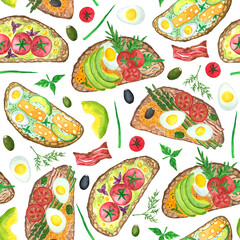 Seamless pattern of ingredients for sandwiches, breakfast watercolor illustration