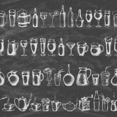 Set of different hand drawn beverages on the blackboard. Seamless background. Vector illustration.