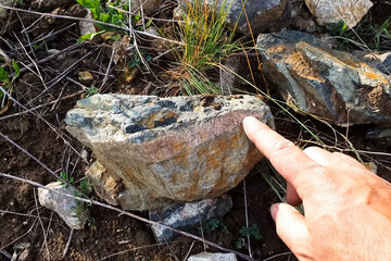 rock stone containing gold. A man's hand and stone.