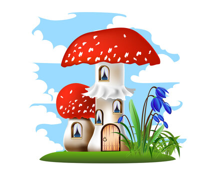 Colorful illustration of a mushroom house with a red roof. Fairy tale vector illustration.