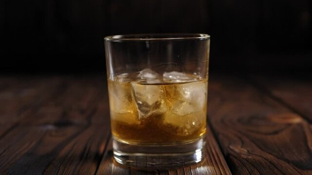 Close-up of a woman twirling a glass of whiskey with ice on a wooden background. Chilled single malt whisky in a glass with ice in the bar on a wooden table. Slow motion.