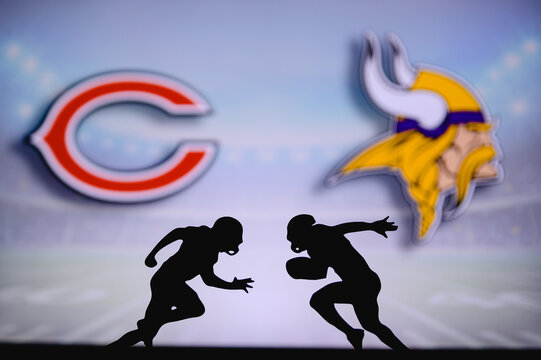 Chicago Bears vs. Minnesota Vikings. NFL match poster. Two american football players silhouette facing each other on the field. Clubs logo in background. Rivalry concept photo.