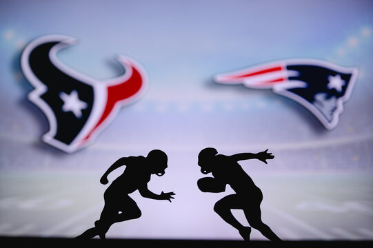 Houston Texans vs. New England Patriots. NFL match poster. Two american football players silhouette facing each other on the field. Clubs logo in background. Rivalry concept photo.