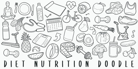 Diet and Nutrition Doodle Line Art Illustration. Hand Drawn Vector Clip Art. Banner Set Logos.