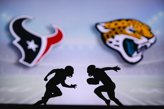 Houston Texans vs. Jacksonville Jaguars. NFL match poster. Two american football players silhouette facing each other on the field. Clubs logo in background. Rivalry concept photo.