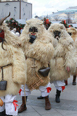 Moscow Maslenitsa Festival 2020. Traditional national celebration in folk style. Slavic tradition. Performance with Hungarian masked artists. Buso from Hungary. Busojaras holiday in Moscow. Beast