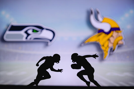 Seattle Seahawks vs. Minnesota Vikings . NFL match poster. Two american football players silhouette facing each other on the field. Clubs logo in background. Rivalry concept photo.