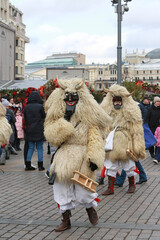 Moscow Maslenitsa Festival 2020. Traditional national celebration in folk style. Slavic tradition. Performance with Hungarian masked artists. Buso from Hungary. Busojaras holiday in Moscow. Beast