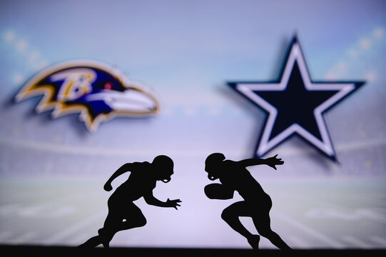 Baltimore Ravens vs. Dallas Cowboys. NFL match poster. Two american football players silhouette facing each other on the field. Clubs logo in background. Rivalry concept photo.