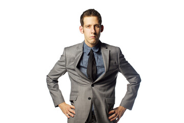 Close up portrait of funny man with emotions isolated on white background