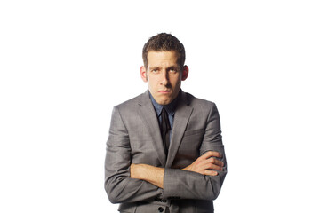 Close up portrait of funny man with emotions isolated on white background