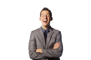 Close up portrait of funny man with emotions isolated on white background