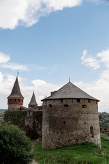 Medieval stone tower, part of the castle, fort, protective structure, stone fortress, landmark of Ukraine, kamianets podilskyi.