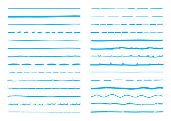 Blue lines hand drawn vector set isolated on white background. Collection of doodle lines, hand drawn template. Blue marker and grunge brush stroke lines, vector illustration