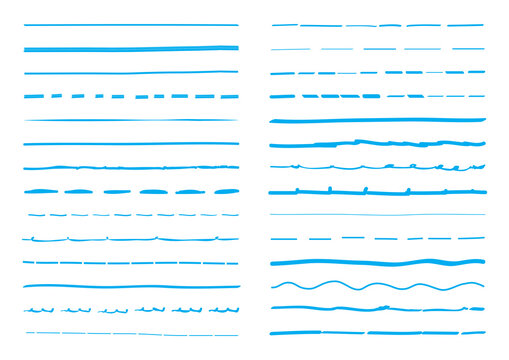 Blue lines hand drawn vector set isolated on white background. Collection of doodle lines, hand drawn template. Blue marker and grunge brush stroke lines, vector illustration