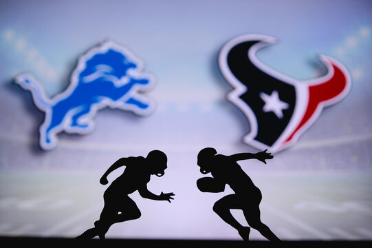 Detroit Lions vs. Houston Texans. NFL match poster. Two american football players silhouette facing each other on the field. Clubs logo in background. Rivalry concept photo.