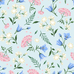 Fototapeta premium Vector floral seamless pattern with pink, white and blue flowers on a light blue background.