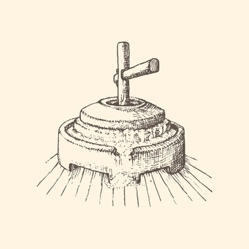 Mill stone drawing in vector. Miller stuff sketch.