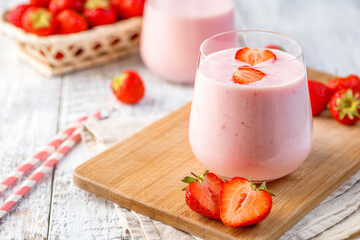 Strawberry milkshake or smoothie with berries. Detox drink.
