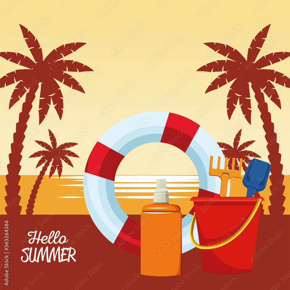 Wall mural hello summer seasonal scene with lifeguard float and sandbucket