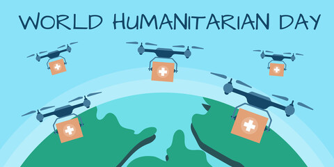 World Humanitarian Day concept. Quadrocopter delivering medicine, drone pharmacy delivery. Flat vector illustration.