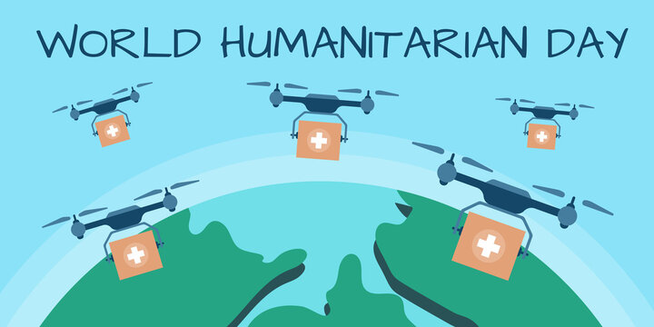 World Humanitarian Day Concept. Quadrocopter Delivering Medicine, Drone Pharmacy Delivery. Flat Vector Illustration.