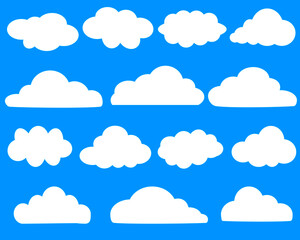 Cloud vector icon symbols set. White clouds cartoon shape drawing flat style on blue sky abstract background, graphic vector illustration element for website, logo, web banner, sticker and any design