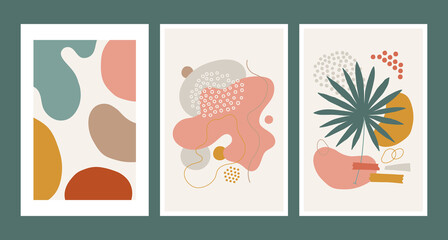 Poster collection with palm leaf, liquid geometric shapes, lines, dots