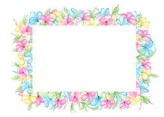 Frame with bright watercolor flowers. The basis for the design of postcards
