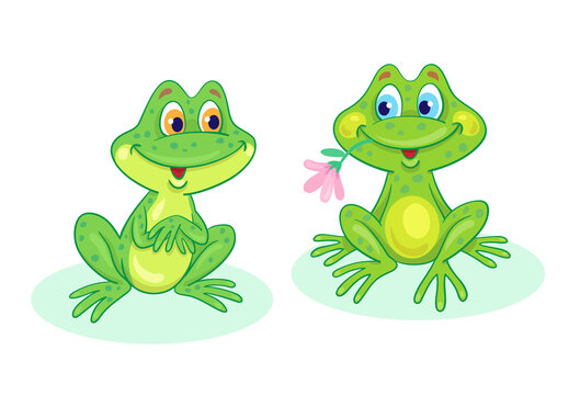 Two funny green frogs. In cartoon style. Isolated on white background. Vector illustration.