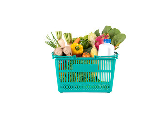 Green plastic grocery basket full of healthy vegetables and fruits,  ingredients isolated on white background.