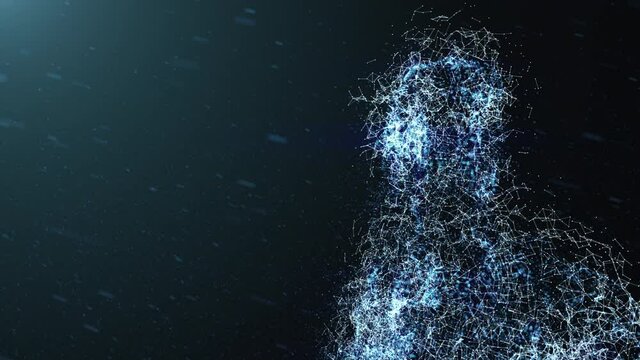 Digital human figure made out of particles rotate on black background. Concept of AI human synergy, digital avatar, neural network