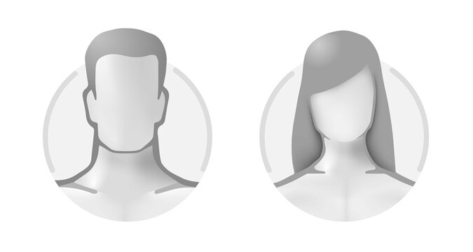 3d avatar profile of a man and a woman in a circle. Volume gray portrait of userpic healthy people. Anonymous default users are male and female bare.