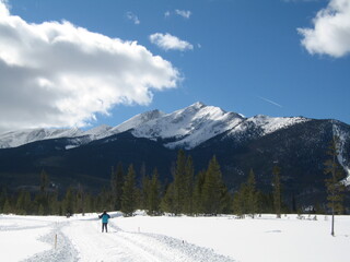 Fototapeta na wymiar Cross Country Skier with Snowy Peak Blue Sky Background