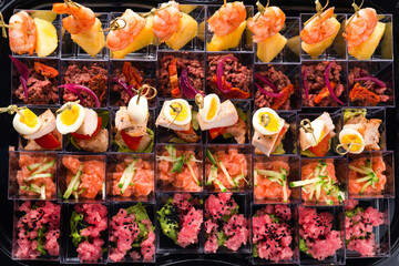 seafood appetizers for a buffet top view, flat lay