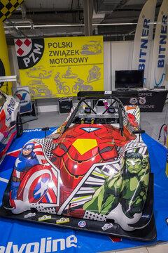 Car painted in the colours in the american movie heroes presented on Warsaw motor Show